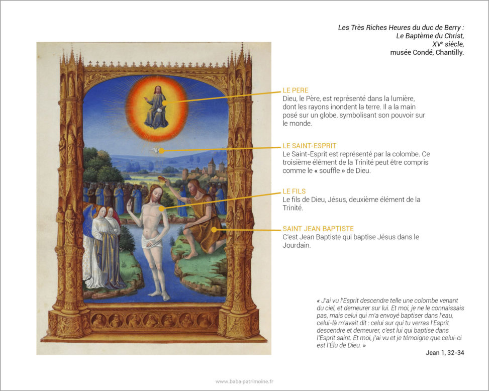 Analyse de l'enluminure des Très Riches Heures du duc de Berry : Le Baptême du Christ, XVe, musée Condé, Chantilly.