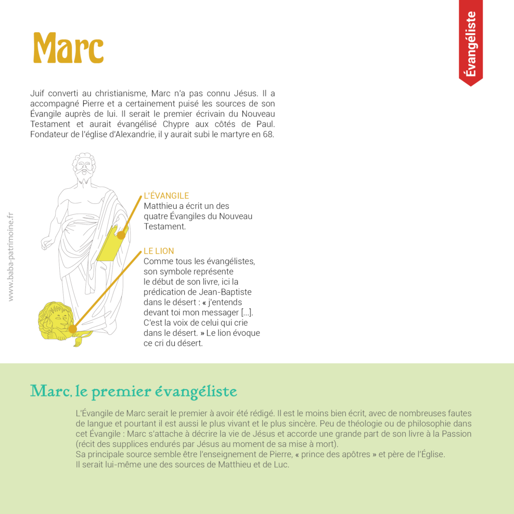 Saint-Marc l'évangéliste et son symbole : le lion. Juif converti au christianisme, Marc n’a pas connu Jésus. Il a accompagné Pierre et a certainement puisé les sources de son Évangile auprès de lui. Il serait le premier écrivain du Nouveau Testament et aurait évangélisé Chypre aux côtés de Paul. Fondateur de l’église d’Alexandrie, il y aurait subi le martyre en 68. L’évangile de Marc serait le premier à avoir été rédigé. Il est le moins bien écrit, avec de nombreuses fautes de langue et pourtant il est aussi le plus vivant et le plus sincère. Peu de théologie ou de philosophie dans cet évangile : Marc s’attache à décrire la vie de Jésus et accorde une grande part de son livre à la Passion (récit des supplices endurés par Jésus au moment de sa mise à mort). Sa principale source semble être l’enseignement de Pierre, « prince des apôtres » et père de l’église. Il serait lui-même une des sources de Matthieu et de Luc.