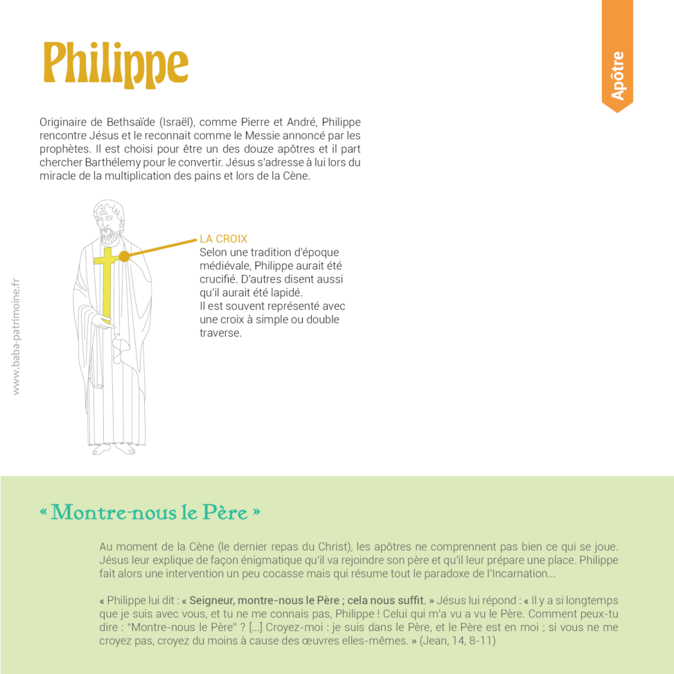 Le symbole de Philippe : la croix à simple ou double traverse. Originaire de Bethsaïde (Israël), comme Pierre et André, Philippe rencontre Jésus et le reconnait comme le Messie annoncé par les prophètes. Il est choisi pour être un des douze apôtres et il part chercher Barthélemy pour le convertir. Jésus s'adresse à lui lors du miracle de la multiplication des pains et lors de la Cène. « Montre-nous le Père » Au moment de la Cène (le dernier repas du Christ), les apôtres ne comprennent pas bien ce qui se joue. Jésus leur explique de façon énigmatique qu'il va rejoindre son père et qu'il leur prépare une place. Philippe fait alors une intervention un peu cocasse mais qui résume tout le paradoxe de l'Incarnation... « Philippe lui dit : « Seigneur, montre-nous le Père ; cela nous suffit. » Jésus lui répond : « Il y a si longtemps que je suis avec vous, et tu ne me connais pas, Philippe ! Celui qui m’a vu a vu le Père. Comment peux-tu dire : “Montre-nous le Père” ? [...] Croyez-moi : je suis dans le Père, et le Père est en moi ; si vous ne me croyez pas, croyez du moins à cause des œuvres elles-mêmes. » (Jean, 14, 8-11)