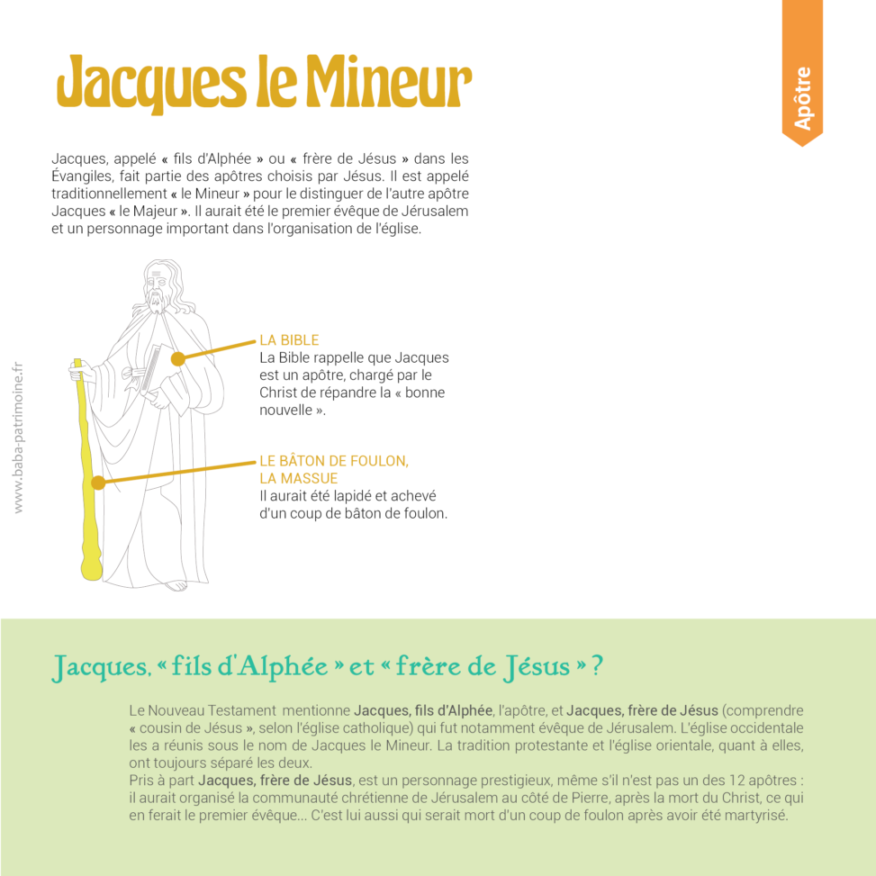 Le symbole de Jacques le Mineur : le bâton de foulon ou la massue. Jacques, appelé « fils d'Alphée » ou « frère de Jésus » dans les évangiles, fait partie des apôtres choisis par Jésus. Il est appelé traditionnellement « le Mineur » pour le distinguer de l'autre apôtre Jacques « le Majeur ». Il aurait été le premier évêque de Jérusalem et un personnage important dans l'organisation de l'église. Jacques, « fils d'Alphée » et « frère de Jésus » ? Le Nouveau Testament mentionne Jacques, fils d'Alphée, l'apôtre, et Jacques, frère de Jésus (comprendre « cousin de Jésus », selon l'église catholique) qui fut notamment évêque de Jérusalem. L'église occidentale les a réunis sous le nom de Jacques le Mineur. La tradition protestante et l'église orientale, quant à elles, ont toujours séparé les deux. Pris à part Jacques, frère de Jésus, est un personnage prestigieux, même s'il n'est pas un des 12 apôtres : il aurait organisé la communauté chrétienne de Jérusalem au côté de Pierre, après la mort du Christ, ce qui en ferait le premier évêque... C'est lui aussi qui serait mort d'un coup de foulon après avoir été martyrisé.