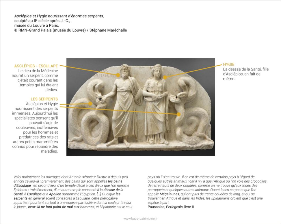 Analyse de tableau : Asclépios et Hygie nourissant d'énormes serpents, sculpté au IIe siècle ap. J.-C. Musée du Louvre, Paris.